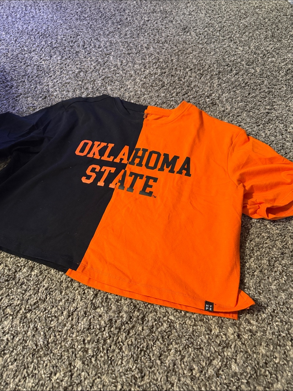 Oklahoma State Split-Color Crop Top — Orange & Black